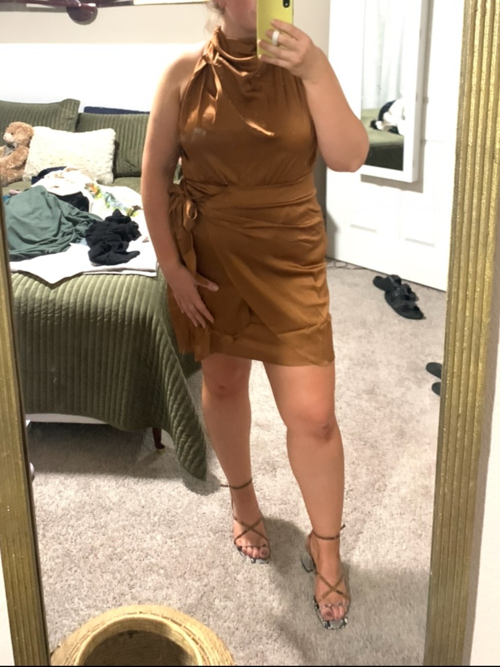 Amazon Sleeveless High-Neck Wrap Mini Dress in Copper Brown